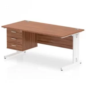 Image of Impulse 1600 Rectangle White Cable Managed Leg Desk WALNUT 1 x 3 Drawer Fixed Ped