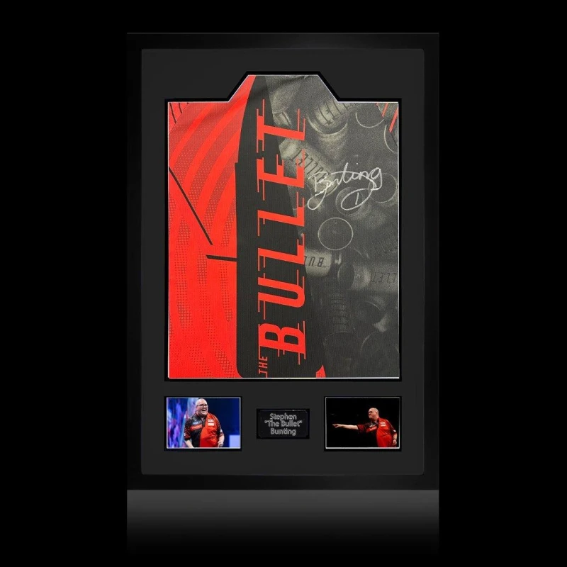 Image of The Fan Cave Stephen Bunting Signed 2025 Shirt Premium Frame Red & Black unisex 850mm x 60