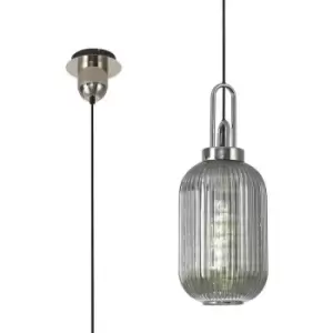 Image of Luminosa 1 Light Pendant E27 With 20cm Tubular Ribbed Glass, Smoked Polished Nickel, Matt Black