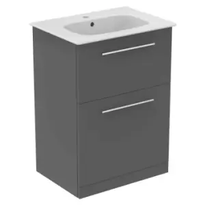 Image of Ideal Standard I.life A 60Cm Matt Quartz Grey Floor Standing Vanity Unit, 64Cm White Vanity Basin And Chrome Handle Pack