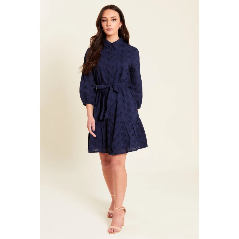 Image of Be You Broderie Tie Waist Shirtdress - Blue Blue 8