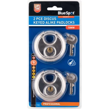Image of 77028 2 Piece 70mm Discus Keyed Alike Padlocks - Bluespot