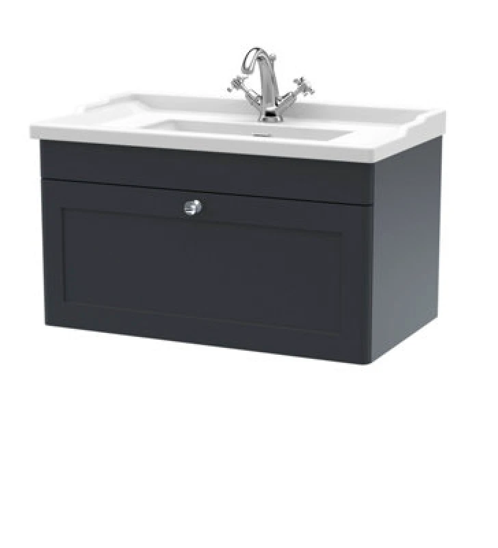 Image of NUIE Classique Wall Hung 1-Drawer Vanity Unit with Traditional Basin 800mm Wide Satin Anthracite - 1 Tap Hole - Nuie CLC1496F