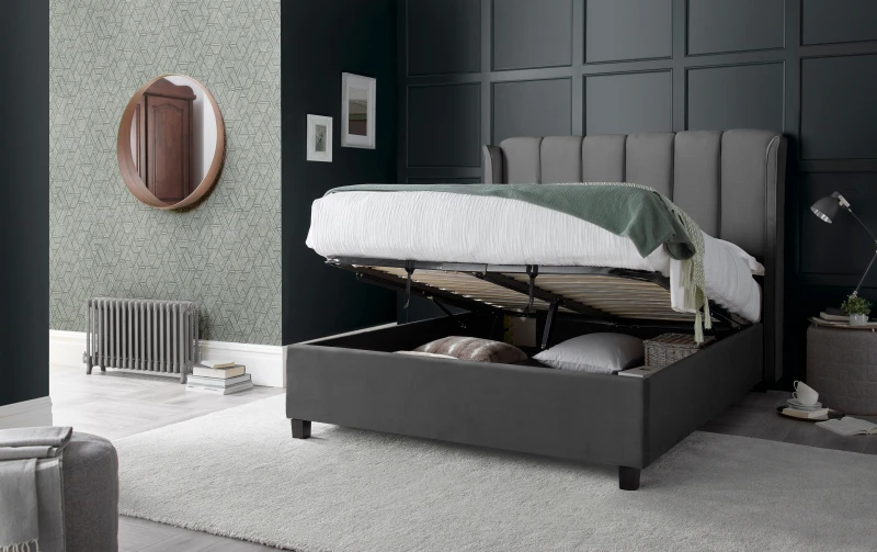 Image of Bedmaster Bedmaster Aurora Velvet Ottoman Bed And Memory Maestro Memory Foam Mattress in Grey Size: Double Grey Double Unisex 9505747212255
