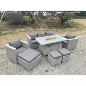 Image of Fimous 5 Seater Outdoor Light Grey Rattan Lounge Complete Sofa Set with Fire Pit, 2 Stools and Big Footstool