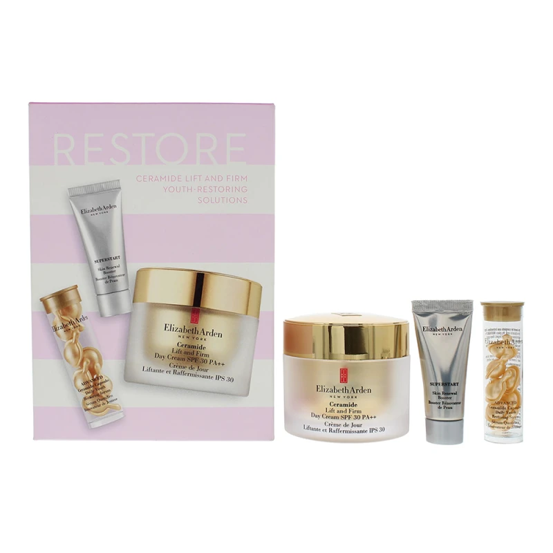 Image of Elizabeth Arden Restore 3 Piece Gift Set: Ceramide SPF 30 PA++ Day Cream 50ml - Serum Capsules 7pcs - Superstart Booster 5ml