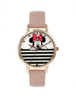 Image of Disney Minnie Mouse White and Black Stripe Dial Nude Leather Strap Ladies Watch, One Colour, Women