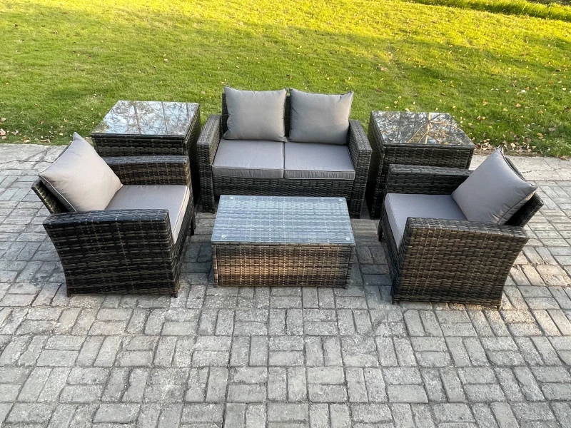 Image of Fimous Outdoor Lounge Sofa Set PE Rattan Garden Furniture Set with Coffee Table Double Seat Sofa in Dark Grey Dark Grey Unisex
