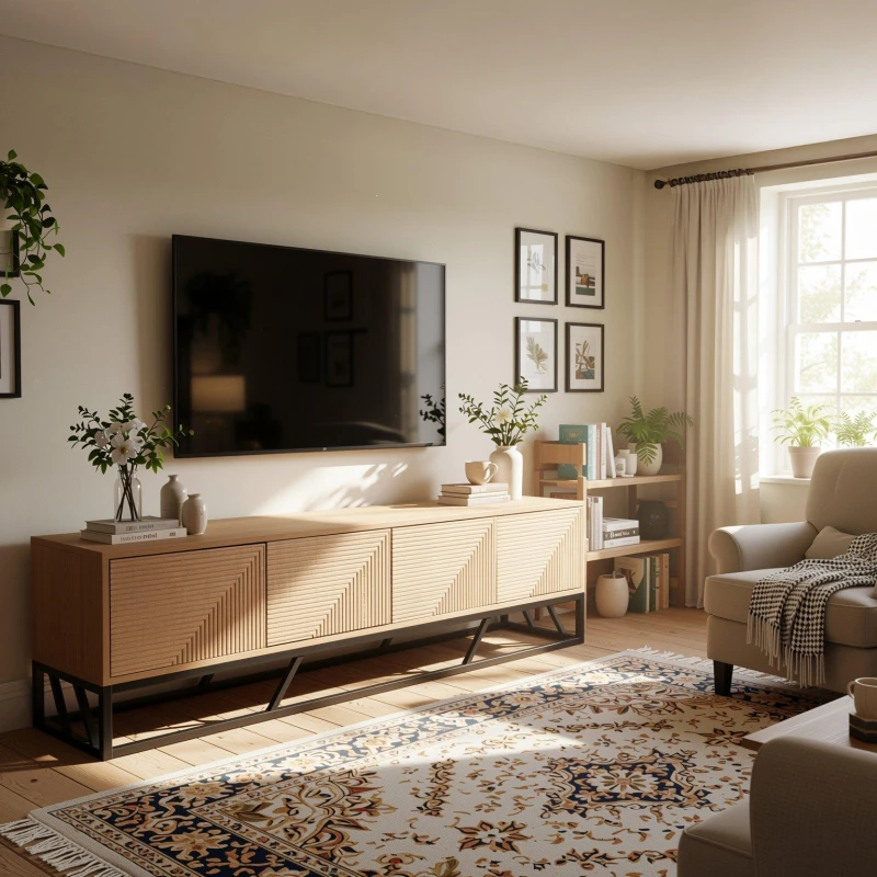 Image of Biba Mabel Grooved Oak Colour Wooden TV Unit 4 Doors Brown unisex One Size