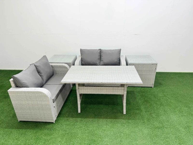 Image of Fimous 4 Seater Outdoor Love Sofa Set Rattan Garden Furniture Set with Rectangular Dining Table 2 Side Tables Light Grey Light Grey