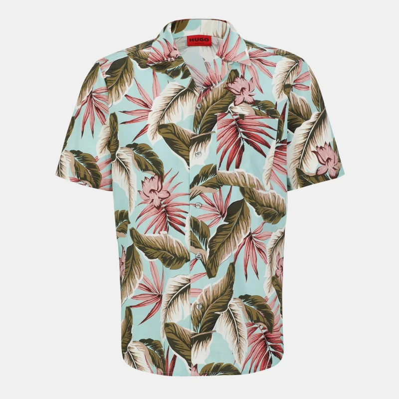 Image of Hugo Mens Ellino Short-Sleeve Patterned Shirt Turquoise/Aqua male XS