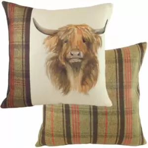 Image of Evans Lichfield - Hunter Highland Cow Print Tartan Cushion Cover, Multi, 43 x 43 Cm