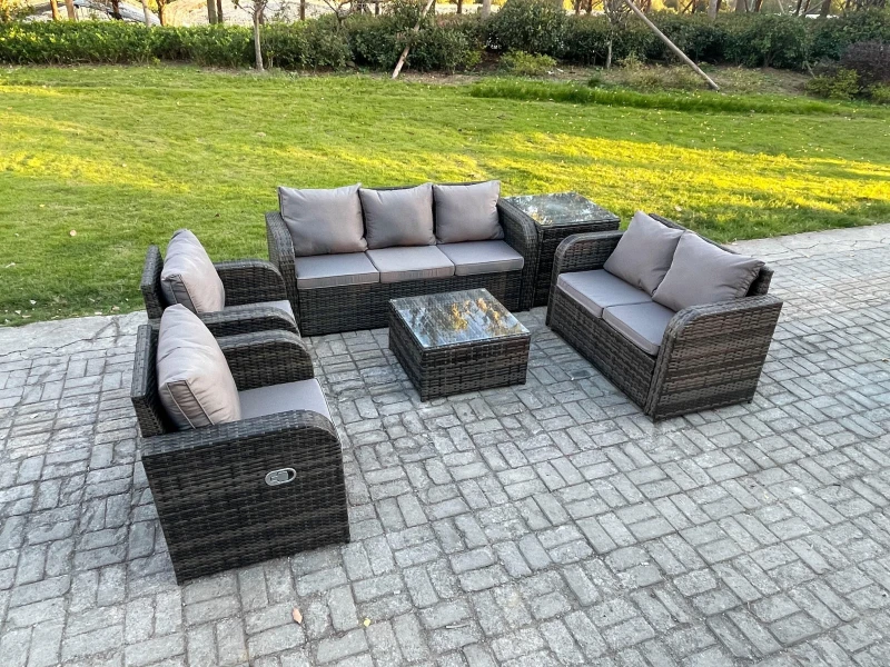 Image of Fimous 7 Seater Garden Furniture Set Rattan Outdoor Lounge Sofa Chair With Tempered Glass Table Side Table Dark Grey Mixed Dark Grey