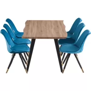 Image of 7 Pieces Life Interiors Sofia Rocco Dining Set - an Oak Rectangular Dining Table and Set of 6 Blue Dining Chairs - Blue
