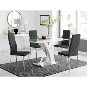 Image of Atlanta White High Gloss And Chrome Metal Rectangle Dining Table And 4 Black Milan Dining Chairs Set - Black
