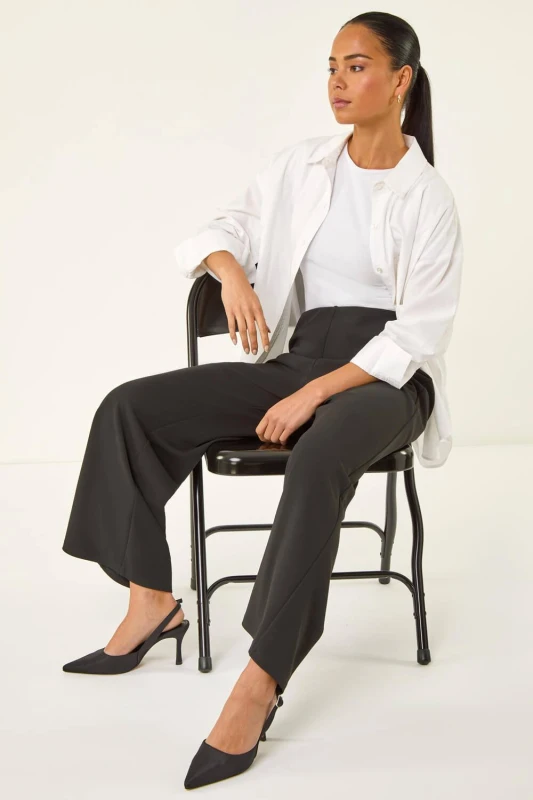 Image of Roman Womens Petite Wide Leg Stretch Trouser in Black Size: 14 Black Female 14