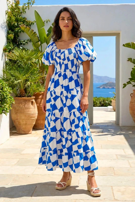 Image of Dusk Womens Geo Print Tiered Dress in Blue Size: 10 Blue Female 10