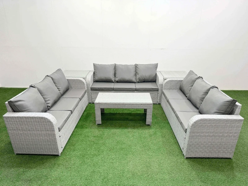 Image of Fimous PE Rattan Lounge Sofa Set 9 Seater Outdoor Garden Furniture Set with Oblong Coffee Table 3 Seater Sofa 2 Side Table Light Grey Light Grey