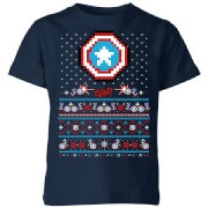 Image of Marvel Avengers Captain America Pixel Art Kids Christmas T-Shirt - Navy - 5-6 Years - Navy