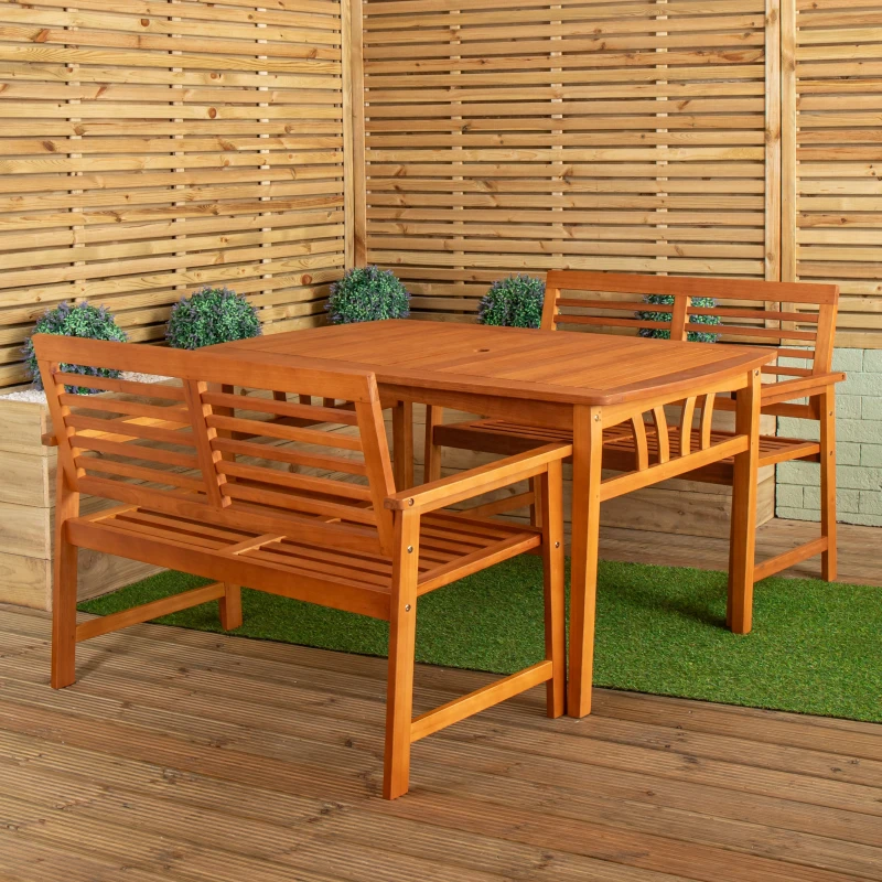 Image of Outdoor 4 Person Rectangular Wooden Garden Table, 2 Benches Furniture Set