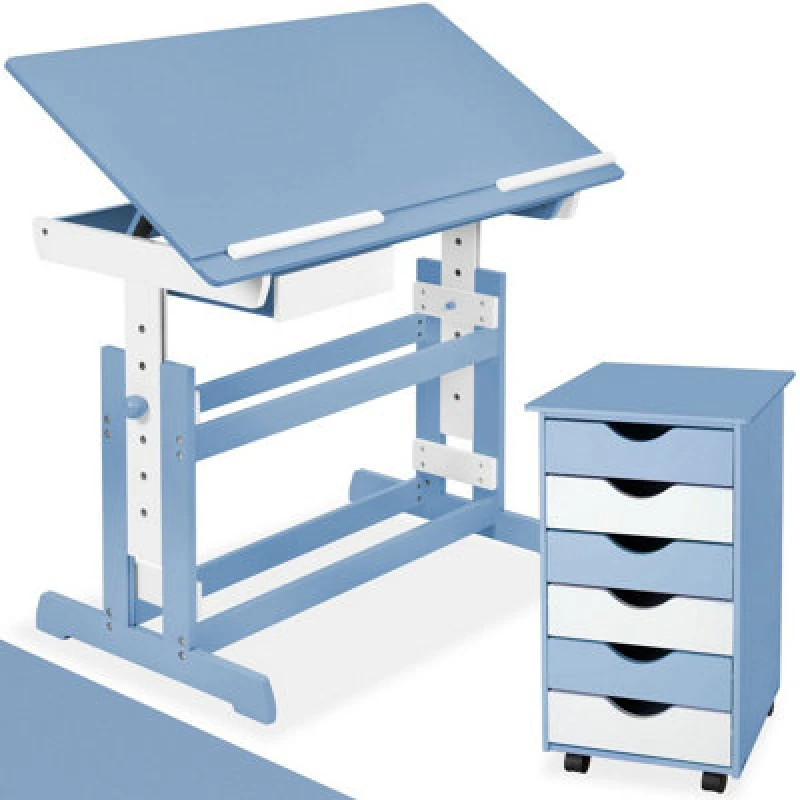 Image of Tectake Kids Study Desk And Filing Cabinet Set Children's Play Room Furniture Mdf In 2 Colours 7 Step Adjustable Height 40 - 60 Cm - Blue