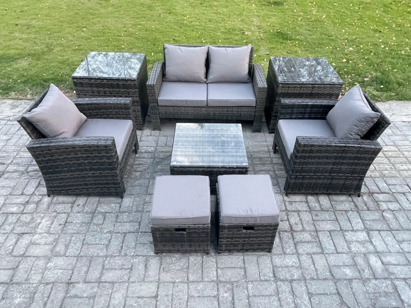Image of Fimous Rattan Wicker Garden Furniture Patio Conservatory Sofa Set with Square Coffee Table Armchair 2 Small Footstools in Dark Grey Dark Grey Unisex