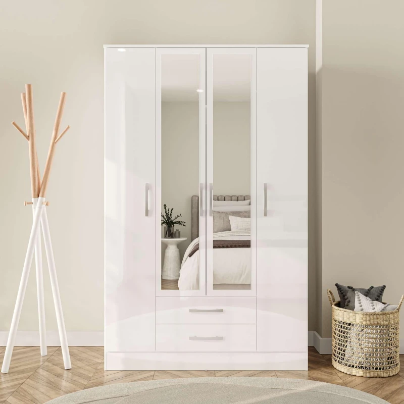 Image of Birlea Lynx Grey High Gloss and White 4 Door 2 Drawer Mirrored Large Wardrobe