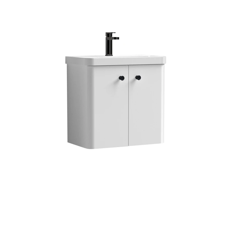 Image of Balterley Curve Wall Hung 2 Door Vanity Basin Unit White Black Handles 600mm White