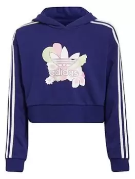 Image of adidas Originals Junior Girls Floral Cropped Hoodie - Navy/White, Size 7-8 Years, Women