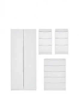 Image of Monaco Ready Assembled 4 Piece Gloss Package - 2 Door Mirrored Wardrobe, 5 Drawer Chest And 2 Bedside Chests