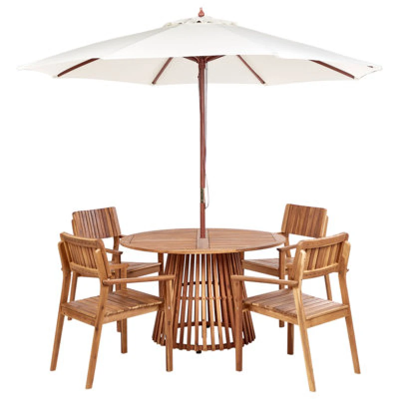 Image of Beliani Garden Dining Set 4 Seater Agello With Parasol (12 Options) Acacia Wood Brown