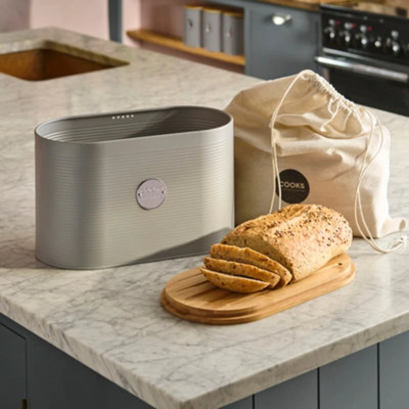 Image of Cooks Professional Ribbed Bread Bin With Linen Bag & 2-In-1 Bamboo Cutting Board Lid - Grey & Silver