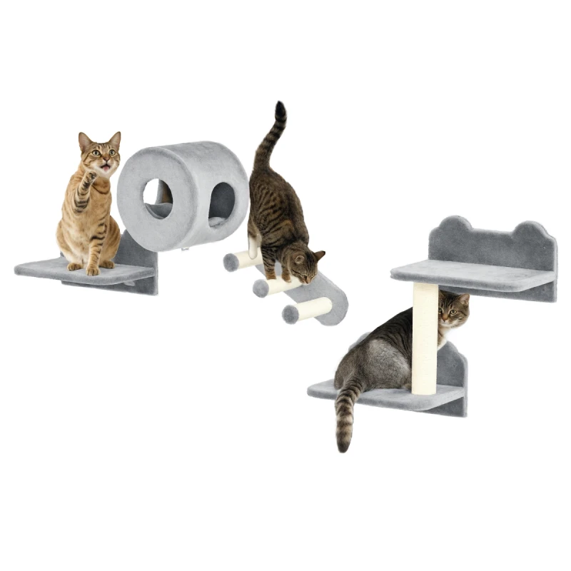 Image of PawHut Cat Wall Furniture with Platforms, Steps, Perch, Cat House - Grey D30-557V00GY