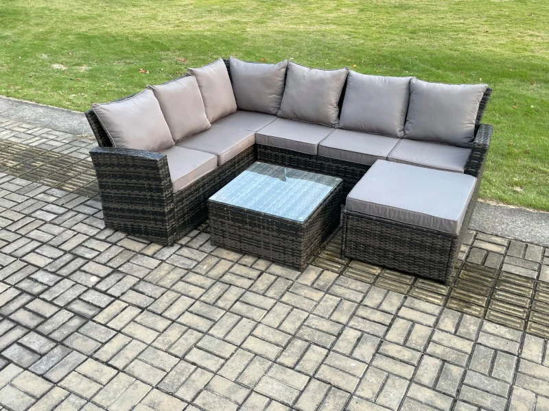 Image of Fimous Rattan Garden Furniture Set Outdoor Lounge Corner Sofa Set With Square Coffee Table Big Footstool 7 Seater Dark Grey Mixed Dark Grey