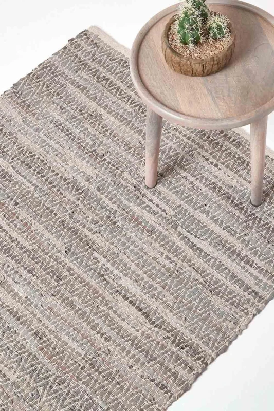 Image of HOMESCAPES Grey Real Leather Handwoven Diamond Pattern Rug, 150 x 240cm - Homescapes RU1324D