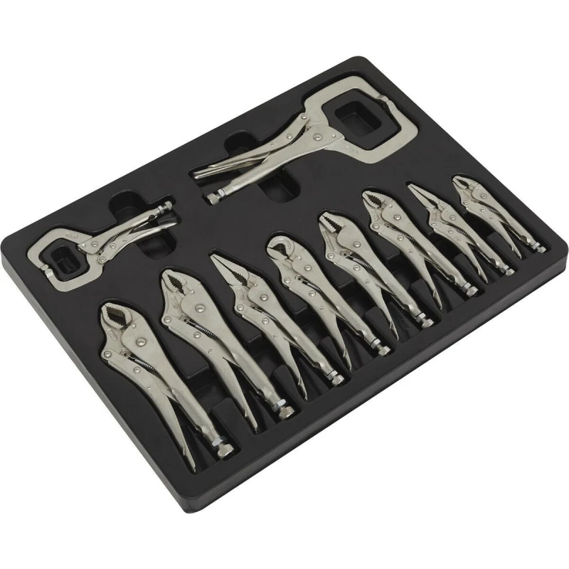 Image of Loops 10 Piece Locking Pliers C-Clamp Set - Deep Cut Jaws - Chrome Vanadium Steel Metallics
