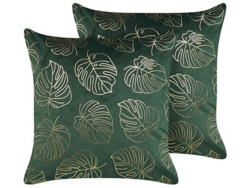 Image of Beliani Set Of 2 Decorative Cushions Deliciosa Velvet 45 X 45cm Dark Green Plant Pattern