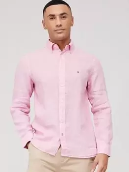 Image of Tommy Hilfiger Pigment Dyed Li Solid RF Long Sleeve Shirt, Pink, Size S, Men