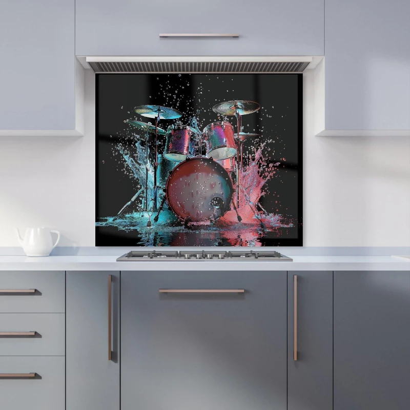 Image of Warren Reed - Designer Rhythm in Splashing Drums Kitchen Splashback Size: 900mm x 750mm Multicolor Unisex 900mm x 750mm