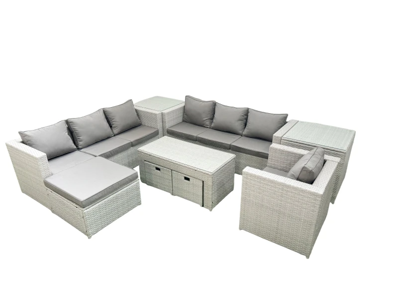 Image of Fimous Wicker PE Rattan Sofa Garden Furniture Set with Oblong Coffee Table Armchair 3 Footstools 2 Side Tables Light Grey Mixed Light Grey
