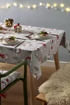 Image of Catherine Lansfield Dining Christmas Gnomes Wipe Clean 137x229cm Table Cloth Grey/Red