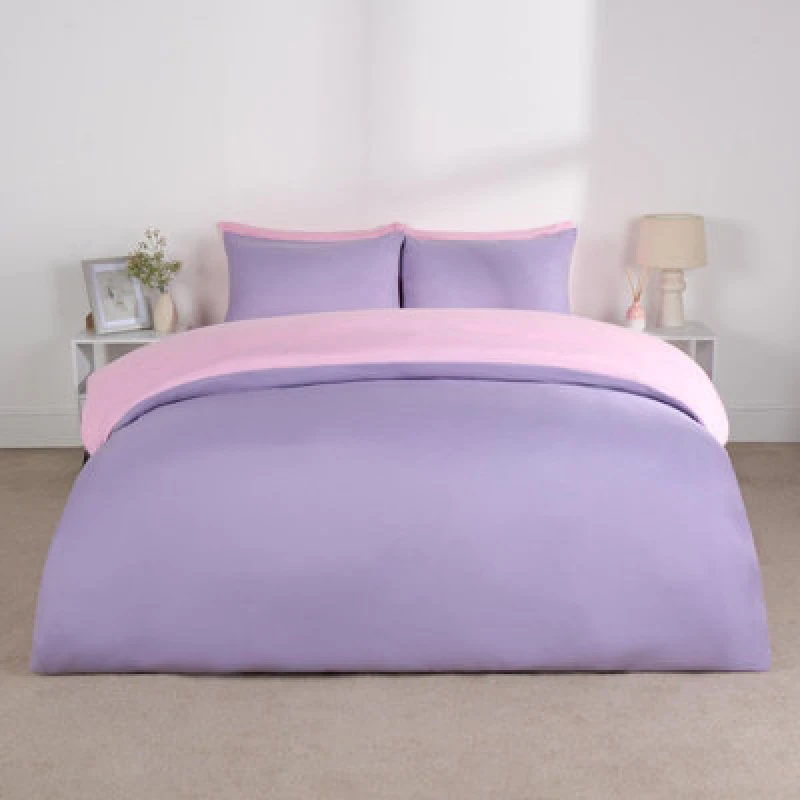 Image of OHS OHS Plain Reversible Duvet Cover With Pillowcase Set in Lilac Size: Double Lilac Double Unisex 5027434198757