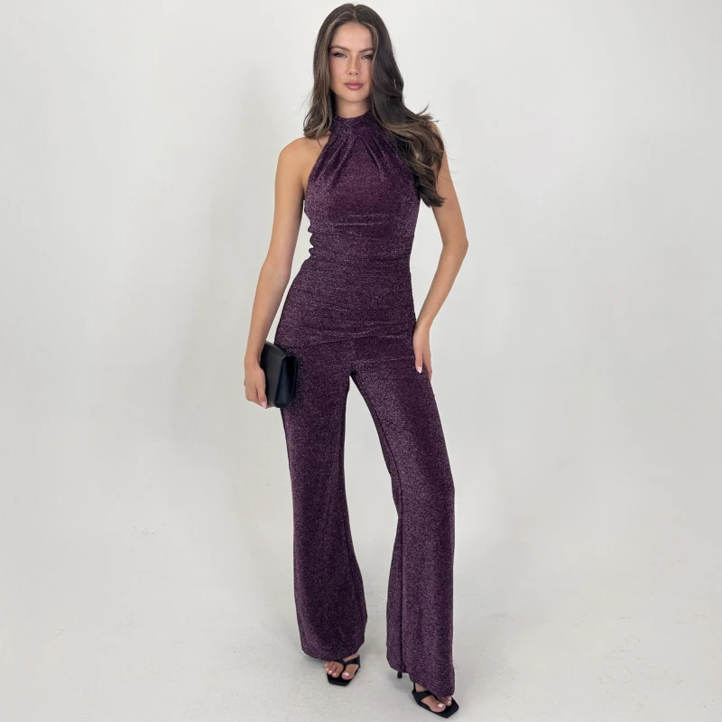 Image of AX Paris Halter Neck Draped Waist Jumpsuit Plum female 8 (XS)