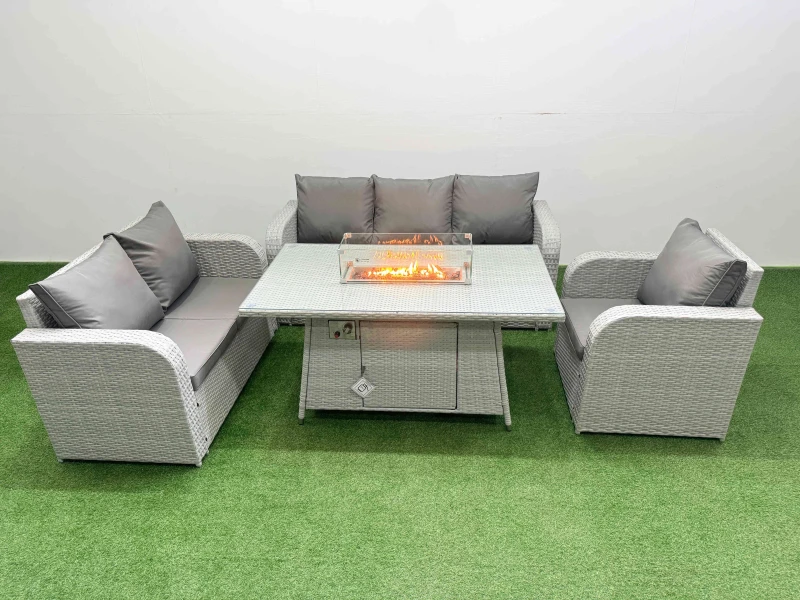 Image of Fimous Patio PE Wicker 6 Seater Outdoor Rattan Furniture Sofa Sets with Firepit Dining Table Reclining Chair Loveseat Sofa 3 Seater Sofa Light Grey Li