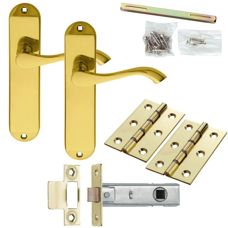 Image of Loops Door Handle & Latch Pack Brass Modern Scroll Curved Slim Rounded Backplate Metallics
