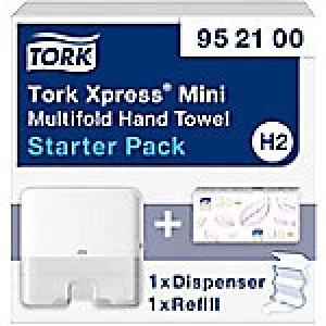 Image of Tork Hand Towel Dispenser and Hand Towels H2 Xpress Starterpack Plastic White 29.5 x 10.1 x 30.2 cm