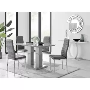 Image of Furniturebox Imperia 4 High Gloss Grey Modern Dining Table and 4 Grey Milan Faux Leather Dining Chairs With Silver Legs Diamond Stitch Modern