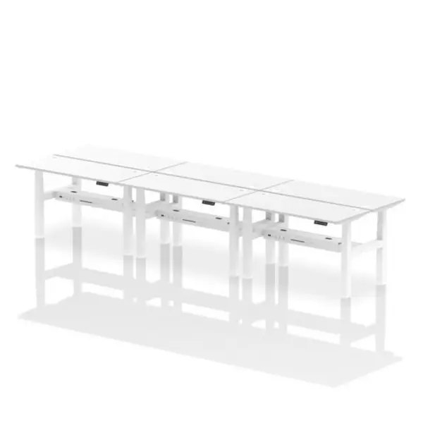 Image of Air Air Back-to-Back 1400 x 600mm Height Adjustable 6 Person Bench Desk White Top with Cable Ports White Frame HASCP6P14600WHTW