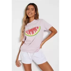 Image of I Saw It First Lilac Welcome Summer Watermelon Graphic Oversized T-Shirt - Purple