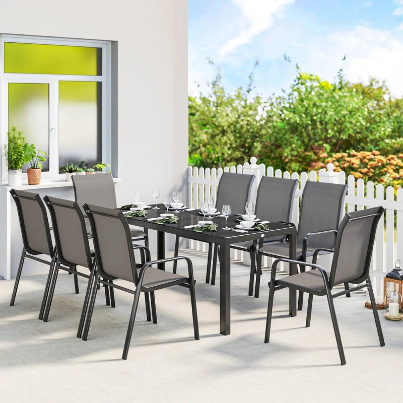 Image of OUTSUNNY 9 Pieces Patio Dining Set with Stackable Chairs in Dark Grey Dark Grey Unisex